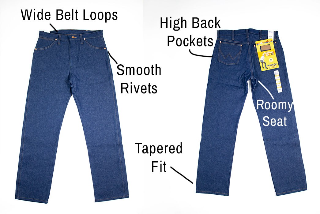 Anatomy of a Cowboy Cut jean featuring high back pockets, tapered fit, wide belt loops, roomy seat, and smooth rivets