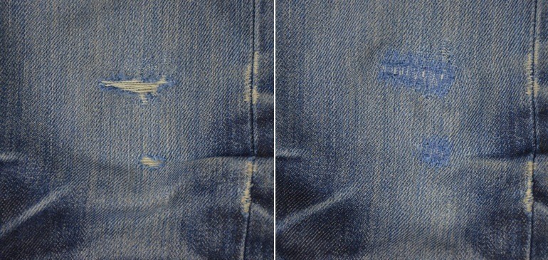 The left knee got two troublesome holes. The toughest part was fitting all the denim through the machine to reach the hole. That 21 oz. denim is thick...