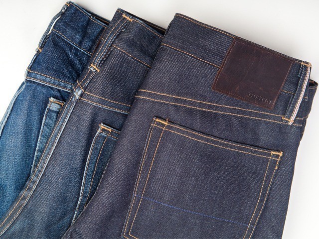 GUSTIN denim after 1.5 years, 6 months, and new (left to right)
