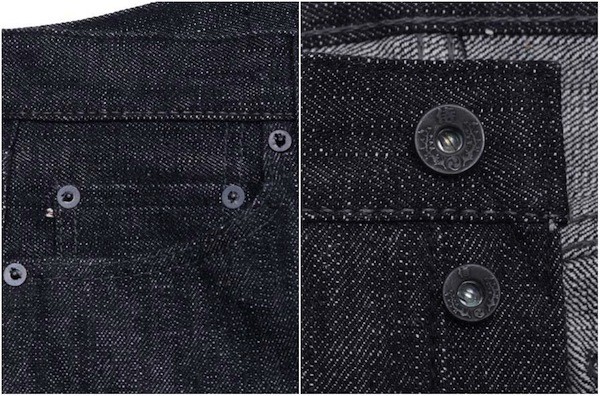 Coin Pocket and Button Details - Front and Back - Samurai Jeans 17 Oz. S710BKH Black Hawk Raw Denim