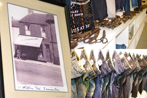 Clockwise from left: 19th century picture showing one of Denham's ancestor's retail front, tailor scissors collected from around the globe, rack of faded <em><strong>Denham Jeans</strong></em>