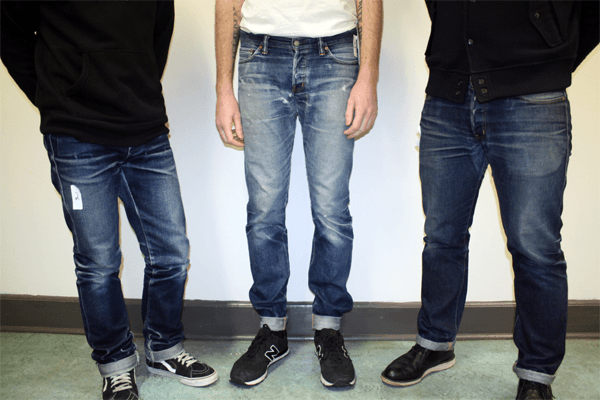 First place (middle) - Morgan Tanner, N&F x Momotaro after 3 years, 5 washes; second place (left) - Bryan Nguyen, N&F Elephant2 aftter 18 months, 1 soak, 1 ocean wash; third place (right) - Jesse Bemister, N&F x Momotaro 2 Jeans after 15 months, 2 washes, 1 soak