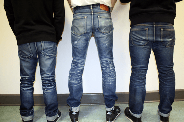 First place (middle) - Morgan Tanner, N&F x Momotaro after 3 years, 5 washes; second place (left) - Bryan Nguyen, N&F Elephant2 aftter 18 months, 1 soak, 1 ocean wash; third place (right) - Jesse Bemister, N&F x Momotaro 2 Jeans after 15 months, 2 washes, 1 soak