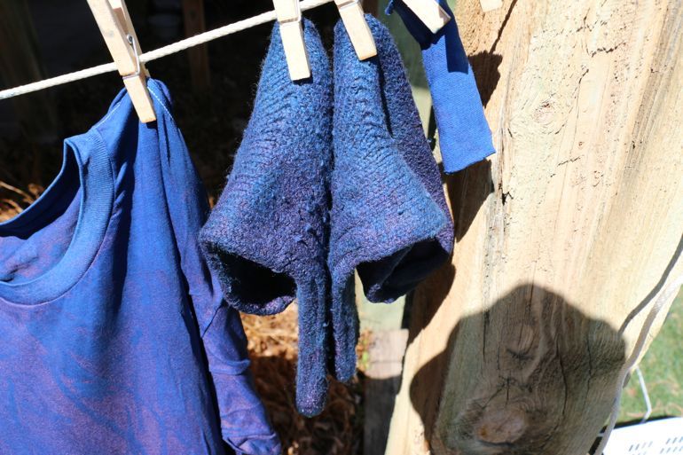 indigo socks on clothesline