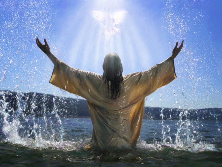 jesus being baptized in the ocean with the sun coming down all ahhhh