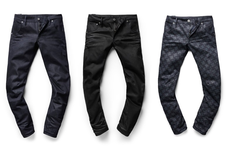 Left to right the Raw Indigo, Raw Black, and Printed Indigo finish jeans of the RFTO Collection.