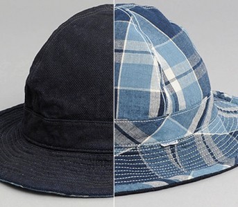 OrSlow-US-Navy-Bucket-Hat,-Reversible-Indigo-Check