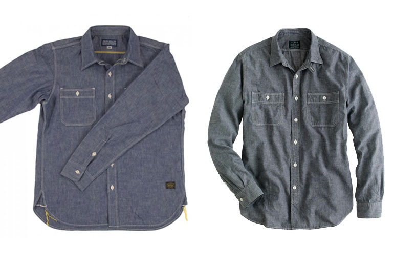 An Iron Heart chambray shirt (left) and a J.Crew chambray shirt (right).