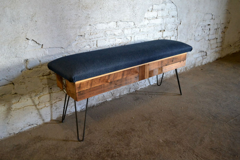 Salvaged Patchwork Wood and Denim Storage Bench, Image Courtesy of Recycled Brooklyn