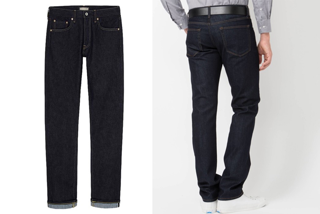fade-of-the-day-uniqlo-slim-fit-selvedge-8-months-2-washes-before-front-and-ond-model-back