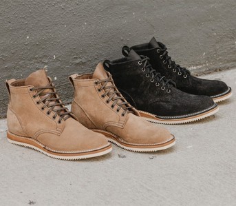 3sixteen x Viberg natural tan chromexcel roughout and black oil tan roughout Service Boot, both sitting on the stacked leather midsole and mini ripple outsole.
