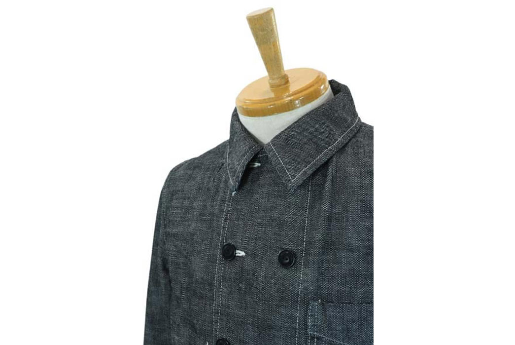 Dry Bones Chambray Double Breasted Work Jacket Collar