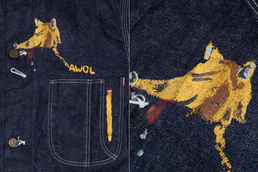 heller's-cafe-1950's-military-art-denim-coverall-jacket-front-closeup-awol