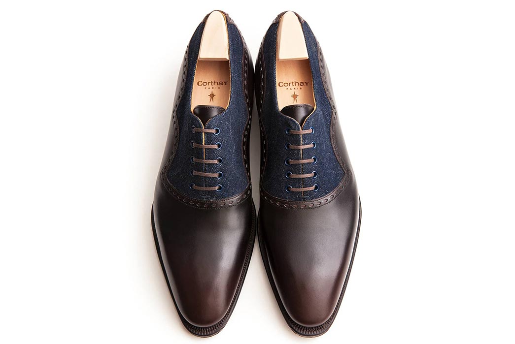 Corthay-Wilfrid-Balmoral-Dress-Shoes-in-Dark-Brown-Calfskin-and-Denim-From-Above
