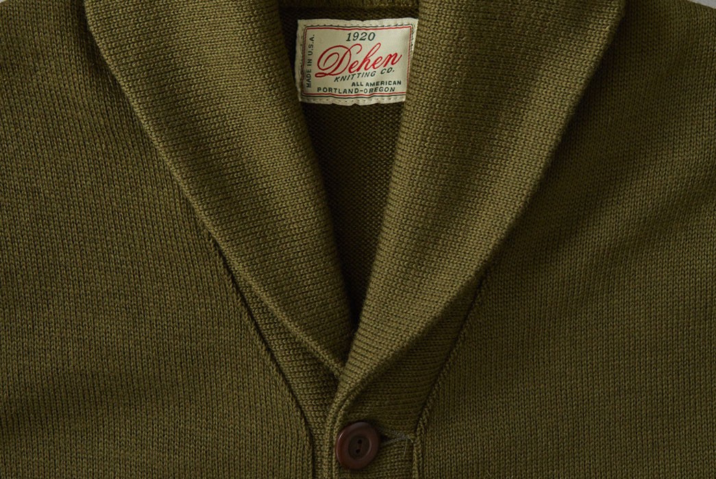 Dehen-1920-x-Division-Road-Inc-Worsted-Wool-Shawl-Collar-Cardigan-Loden-Front-Close-Up