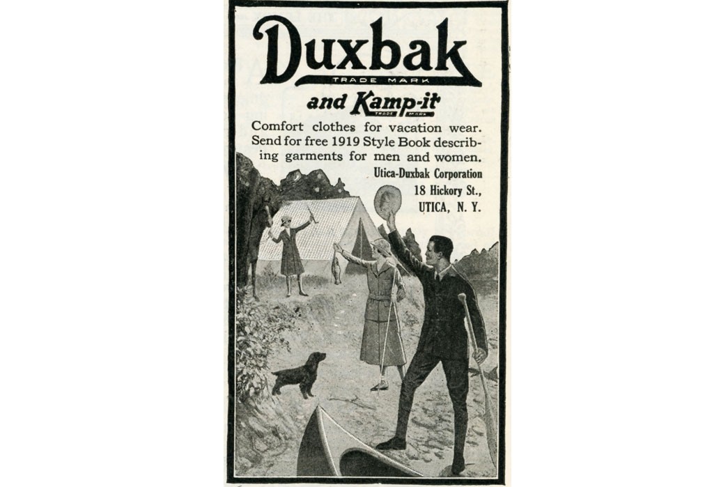 1917 Duxbak advertisements for camp clothing for men and women (the themes of comfort and freedom repeat themselves again and again in Outing advice columns for women).