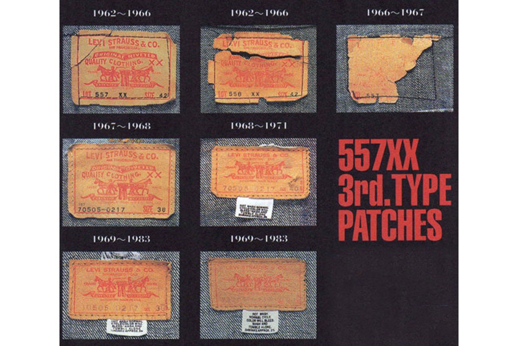 The evolution of 557XX, Type III jacket-patches. Notice how the label get's smaller at the end of the 1960s, and notice the care label on the 70s labels. Image via Midwest Vintage.
