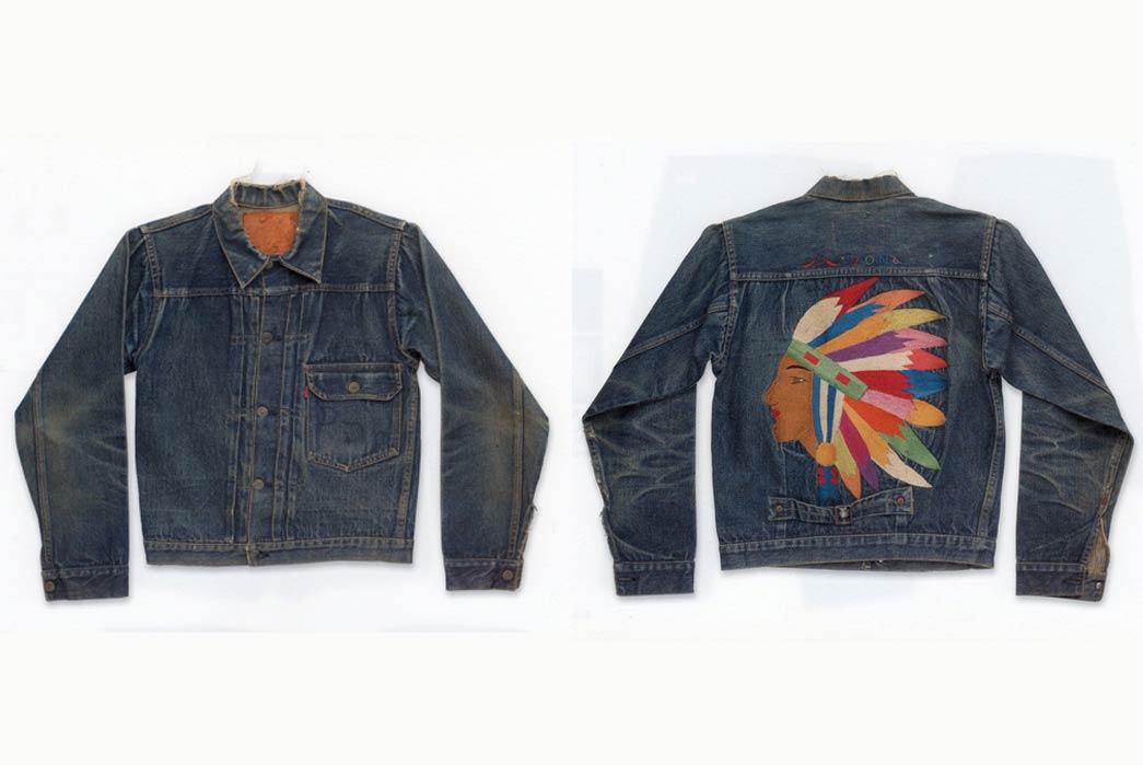 1947 issue of a Levi's 506XX (Type I) jacket with an Indian embroidery on the back. Slider back buckle, Levi's buttons as we know them from today and patina-ed fades.