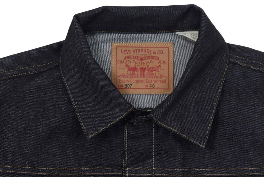 Leather label on a Levi's Vintage Clothing repro 1953 Type II denim jacket. Image via End.
