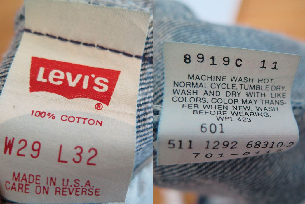 Label on a pair of 1987 Levi's 501s. Take note of the red batwing logo and 
