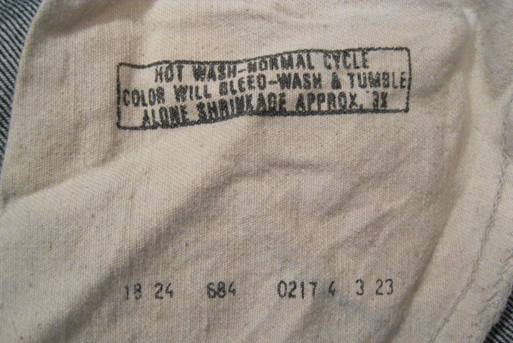Wash instructions on the right pocket of a pair of Levi's Big Bell Bottom jeans model 684 c. 1970 (Image via eBay)