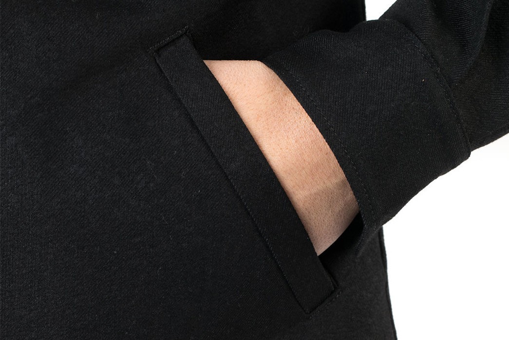 shockoe-atelier-candiani-black-selvedge-field-shirt-model-hand-in-pocket