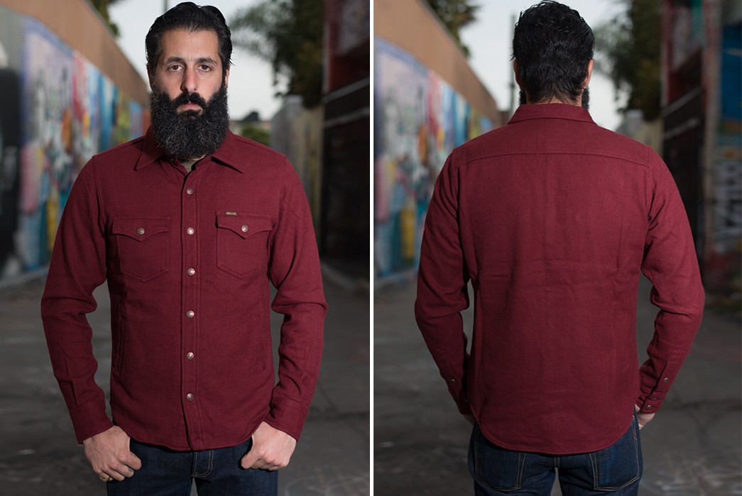CPO-Shirt-Jackets---Five-Plus-One-3)-Iron-Heart-Ultra-Heavy-CPO-Flannel-in-Burgundy-model-front-back