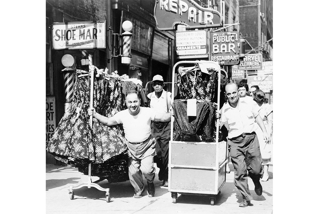 Made-in-USA-and-the-Rise-of-Nationalism-Garment-workers-in-New-York-City's-Garment-District-move-clothing-between-factories-in-1955.-Image-via-New-York-World-Telegram.
