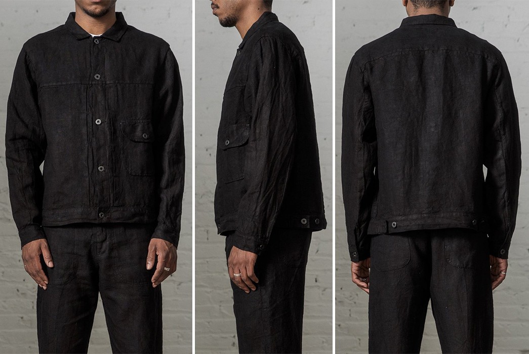 Evan-Kinori-Black-Linen-Pleated-Jacket-model-front-side-back