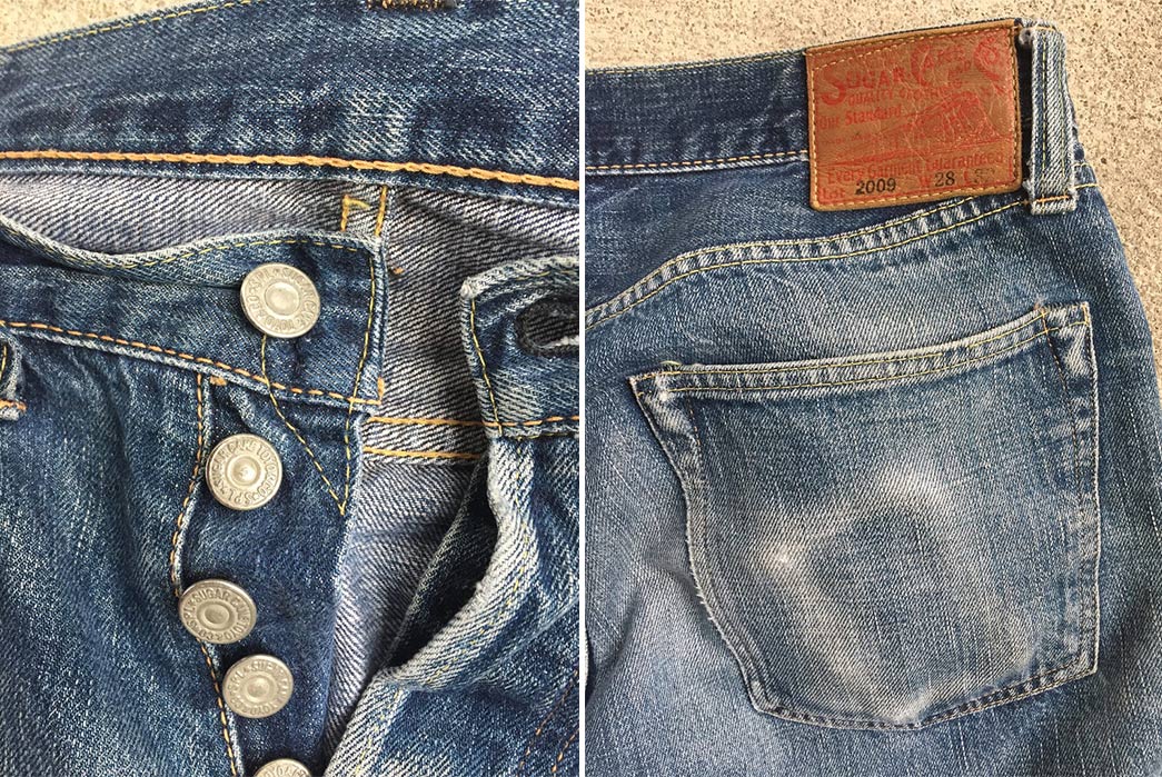 Fade-of-the-Day---Sugar-Cane-2009-(5-Years,-Unknown-Washes,-1-Soak)-front-open-and-back-right-pocket