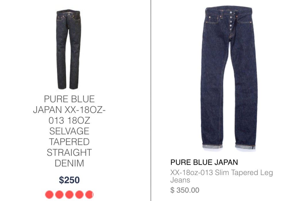 Pure Blue Japan's XX-18oz-013 for sale at Denimio (left) and Blue in Green (right).