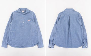 Danton-Indigo-Chambray-Shawl-Collar-Pullover-Shirt-front-back