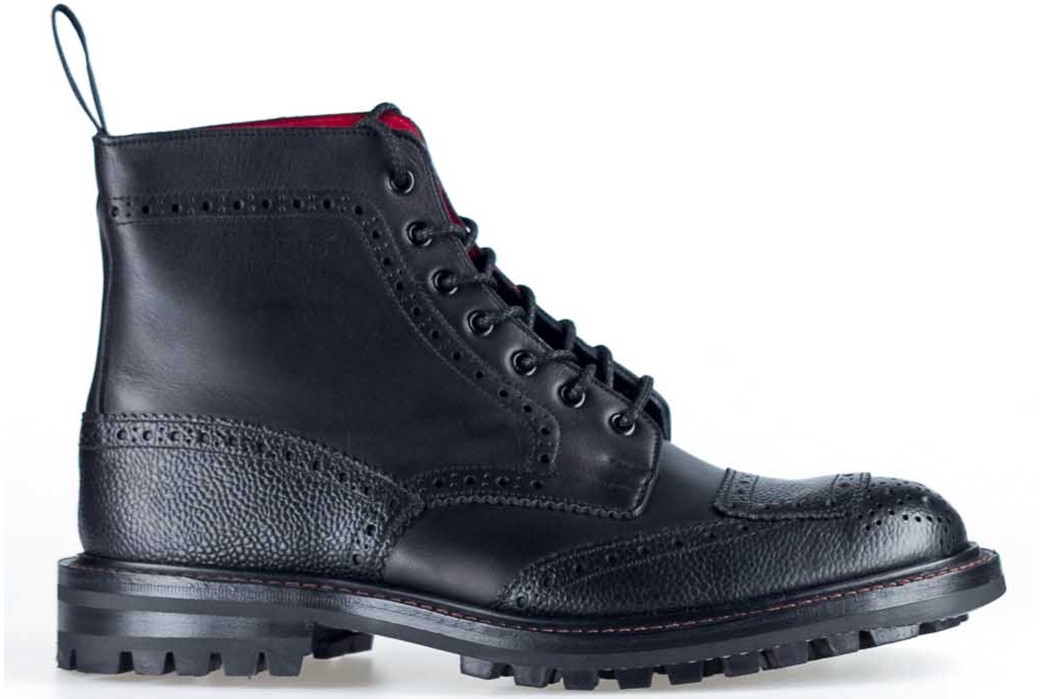 Embossed-Wingtip-Boots---Five-Plus-One-Plus-One---Tricker's-Francis-with-Toe-Strap-in-Pebbled-Black