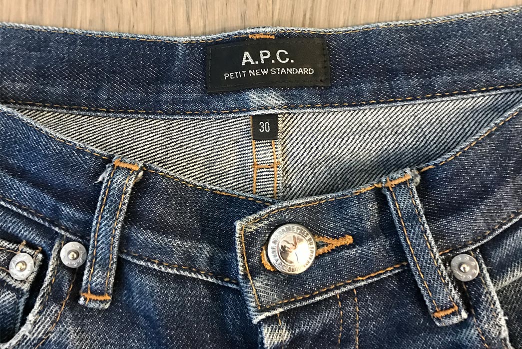 Fade-of-the-Day---A.P.C.-Petit-New-Standard-(2-Years,-2-Washes,-3-Soaks)-front-top-buttons-and-inside-label