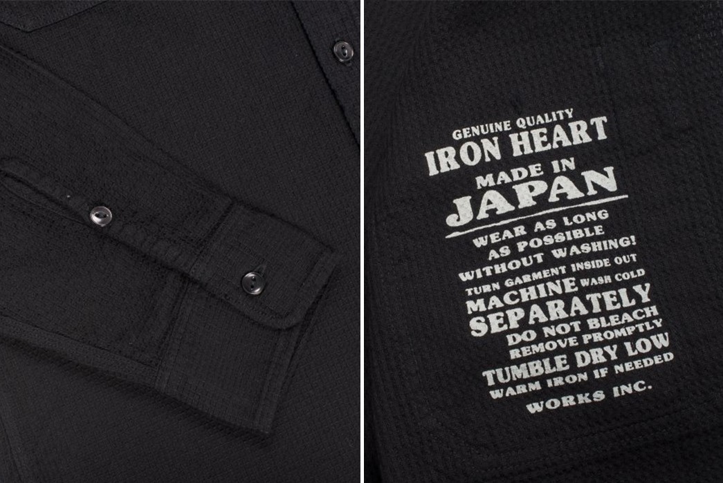 Iron-Heart-IHSH-172-BLK-Black-Waffle-Work-Shirt-sleeve-and-inside-label