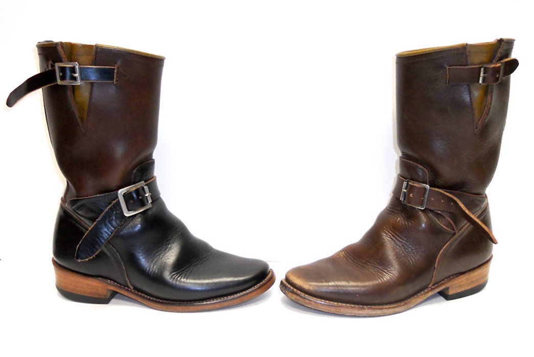 The-Three-Tiers-of-Welted-Boots-and-Shoes-Entry,-Mid,-and-End-Level-Mister-Freedom-Road-Champs,-well-worn-by-Vintage-Engineer-Boots