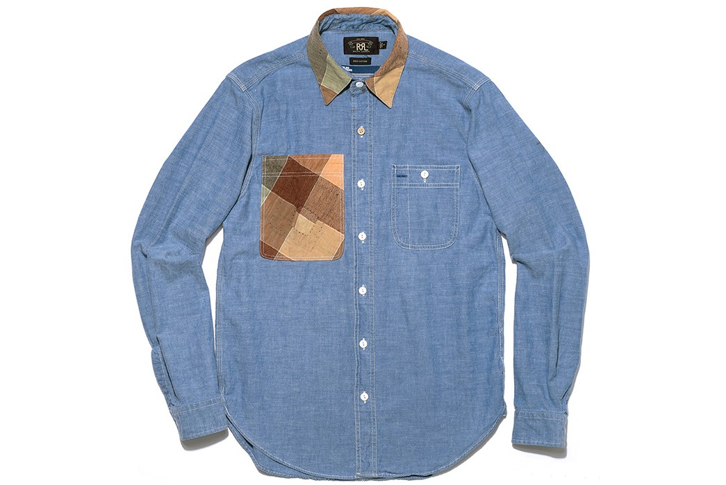 Atelier-&-Repairs'-Unique-Up-Cycled-Chambray-Shirts-are-Made-Using-Vintage-Fabrics-blue-light-and-brown-pocket-collar-front