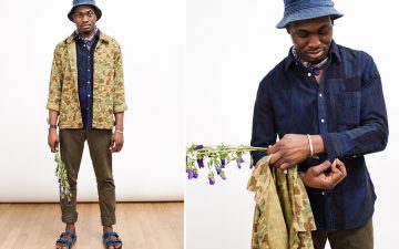 Corridor-Spring-Summer-2017-Lookbook-male-in-a-camouflage-jacket-and-green-pants-with-flower-and-hat