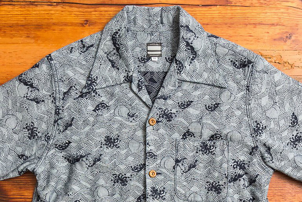 momotaro-indigo-peach-jacquard-aloha-shirt-front-detail