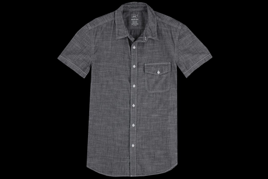 Short-Sleeve-Chambray-Shirts---Five-Plus-One-1)-Save-Khaki-Short-Sleeve-Shirt-in-Black-Chambray-front