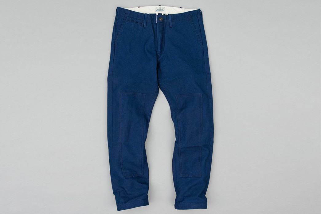 Colorful-Chinos---Five-Plus-One-Plus-One---The-Hill-Side-Lightweight-Reinforced-Mil-Chino-in-Indigo-Sashiko-Selvedge