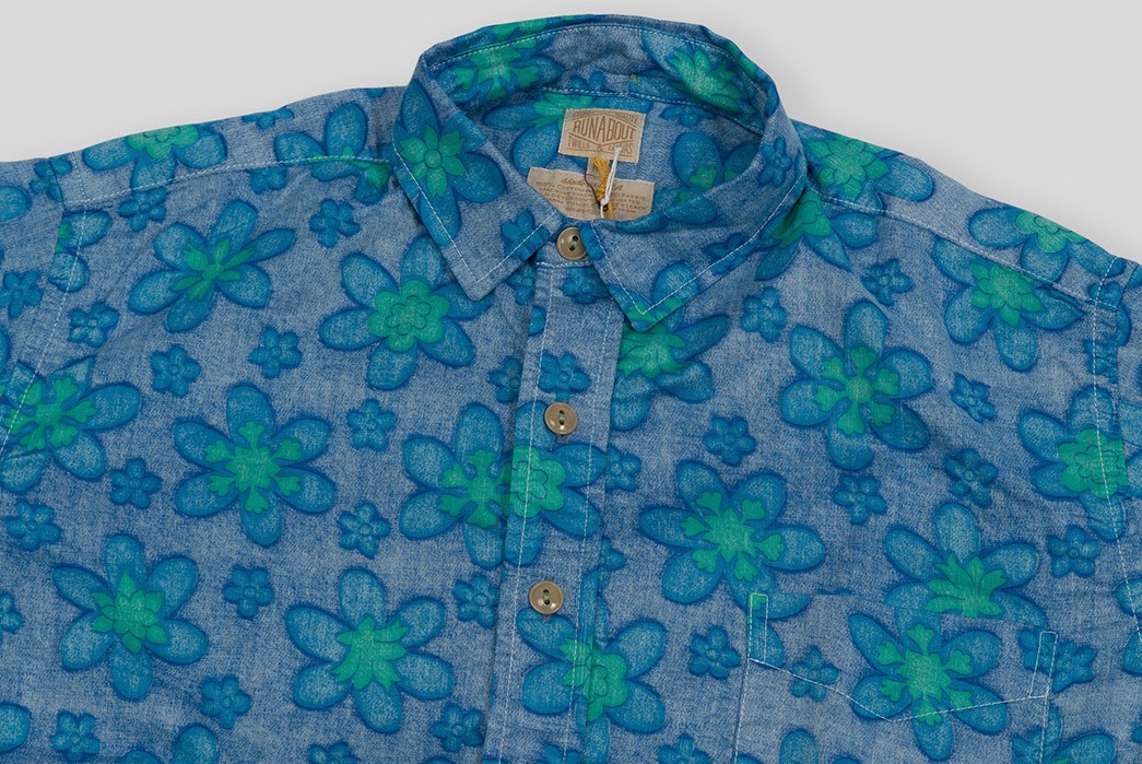 Deadstock-1960s-Hawaiian-Print-Sateen-Goes-into-Runabout-Goods'-Vacation-Shirt-blue-front-top