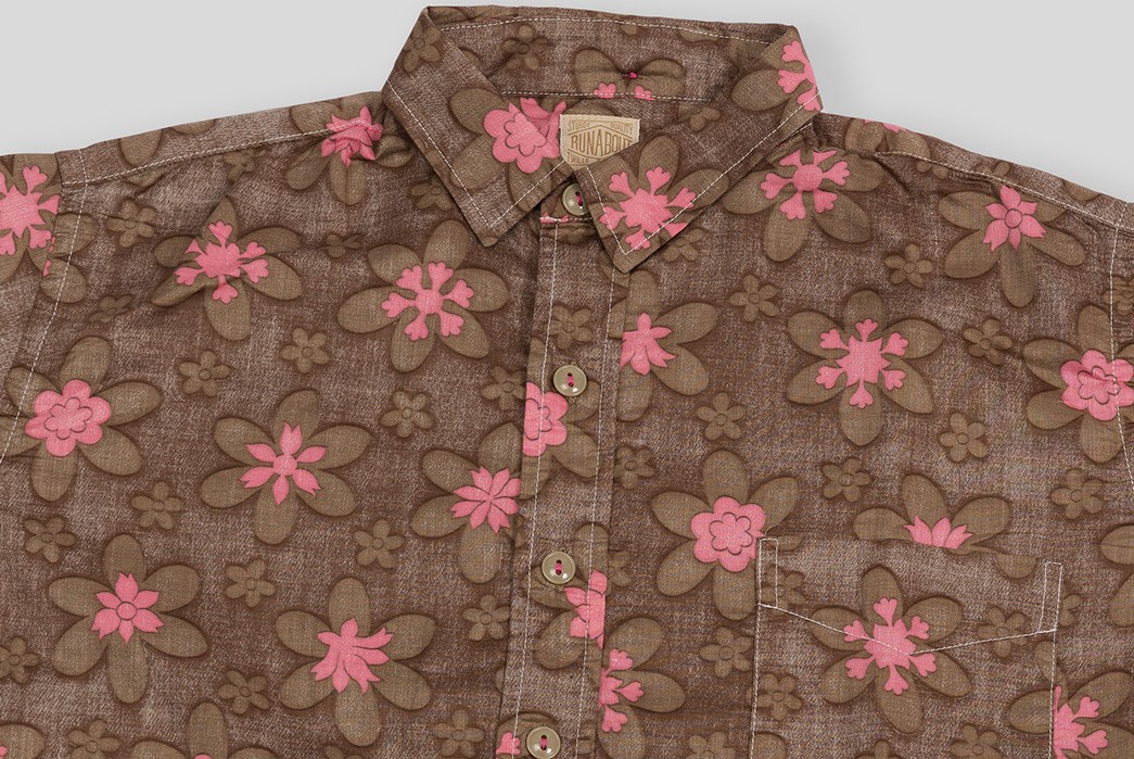 Deadstock-1960s-Hawaiian-Print-Sateen-Goes-into-Runabout-Goods'-Vacation-Shirt-brown-front-top
