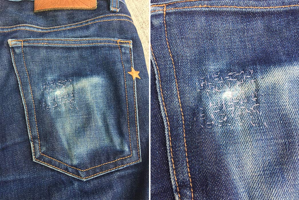 Fade-of-the-Day---Brave-Star-Selvage-Slim-Taper-2.0-(2-Years,-2-Soaks)-back-right-pocket-detailed
