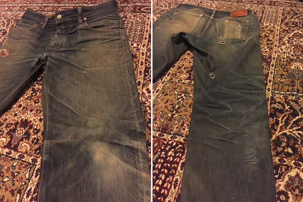 Fade-of-the-Day---Left-Field-Chelsea-18-oz.-Japanese-denim-(2-Years,-4-Washes,-2-Soaks)-front-back-detailed