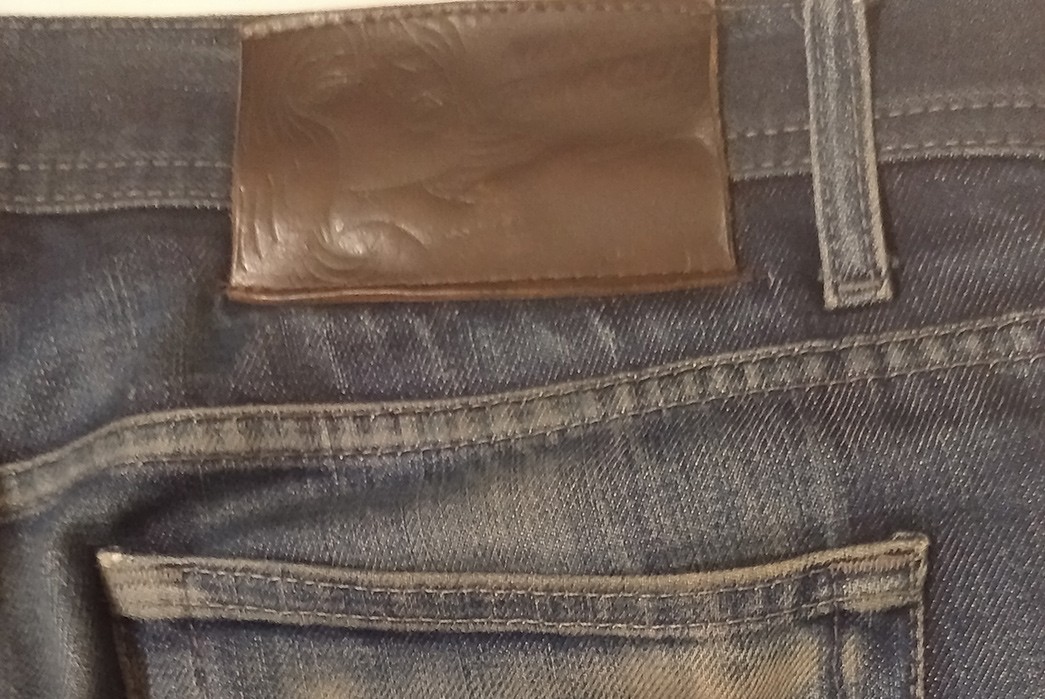 Fade-of-the-Day---Naked-&-Famous-Weird-Guy-(3.5-Years,-3-Washes,-Unknown-Soaks)-back-top-right-pocket-and-leather-patch