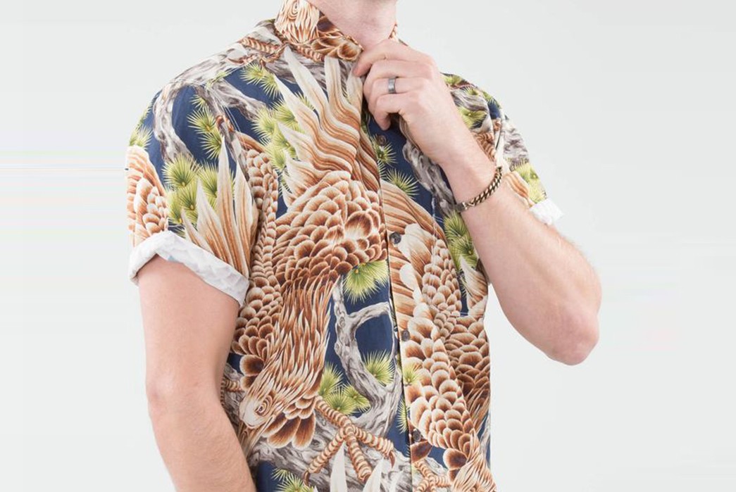 Freenote-Cloth-Gets-Grim-With-Their-Death-Eagle-Hawaiian-Shirt-model-front-side-detailed