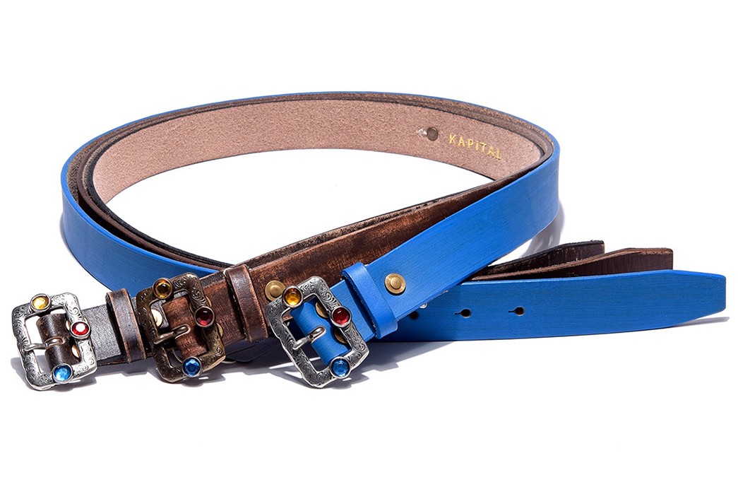 Kapital-Oil-Leather-Studs-Disco-Buckle-Belt-three-belts-browns-and-blue