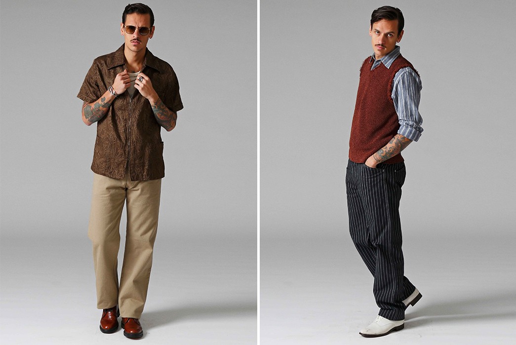 Stevenson-Overall-Co.-Releases-Their-Weekend-Warrior-Lookbook-brown-jacket-and-beige-pants-and-brown-shirt-with-black-and-white-pants