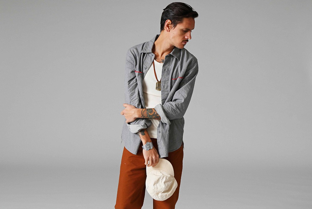 Stevenson-Overall-Co.-Releases-Their-Weekend-Warrior-Lookbook-grey-shirt-and-red-brown-pants